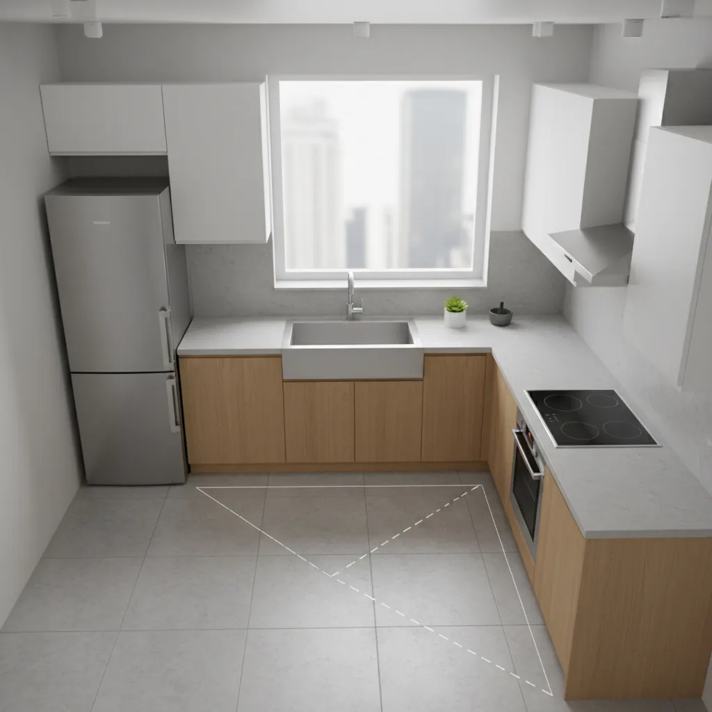 Work triangle arrangement between sink stove and refrigerator in a small kitchen