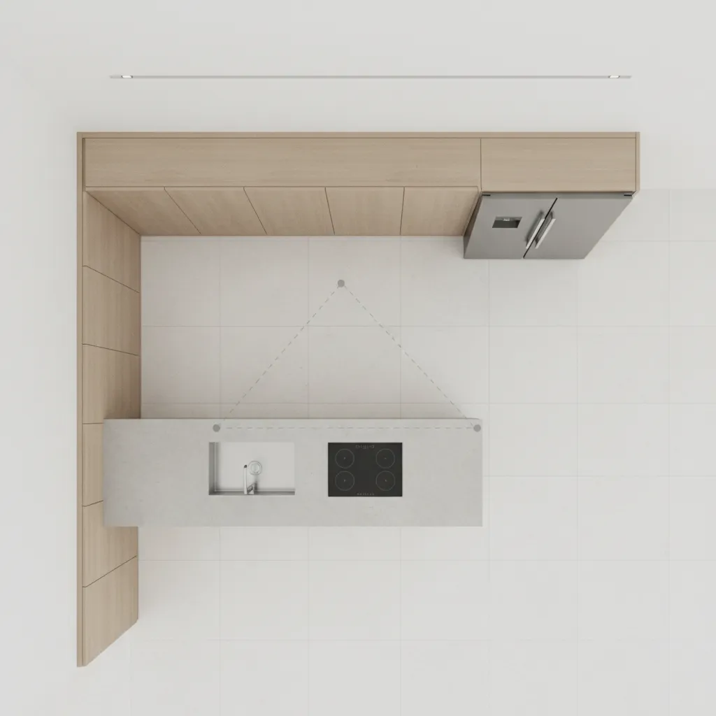 Kitchen work triangle showing relationship between stove sink and refrigerator