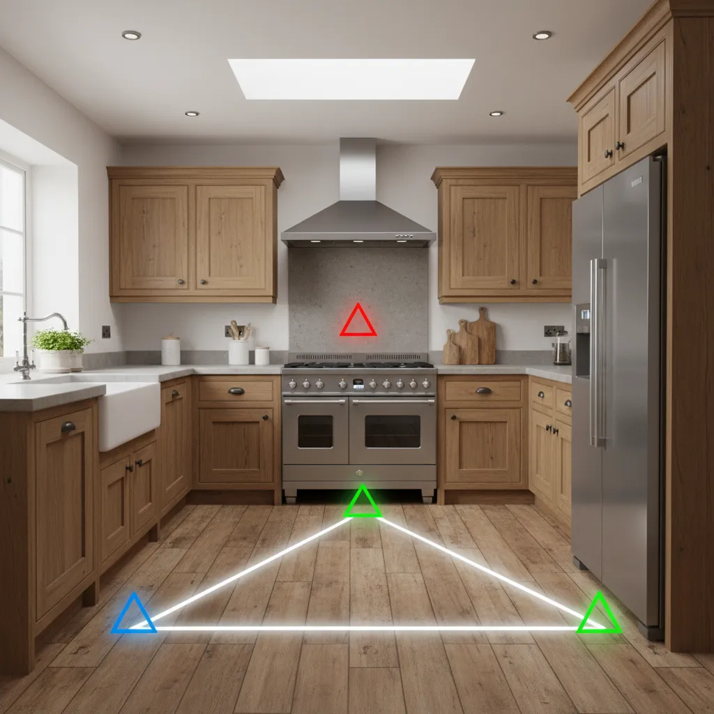 Kitchen work triangle diagram showing efficient room layout between stove sink and large silver fridge