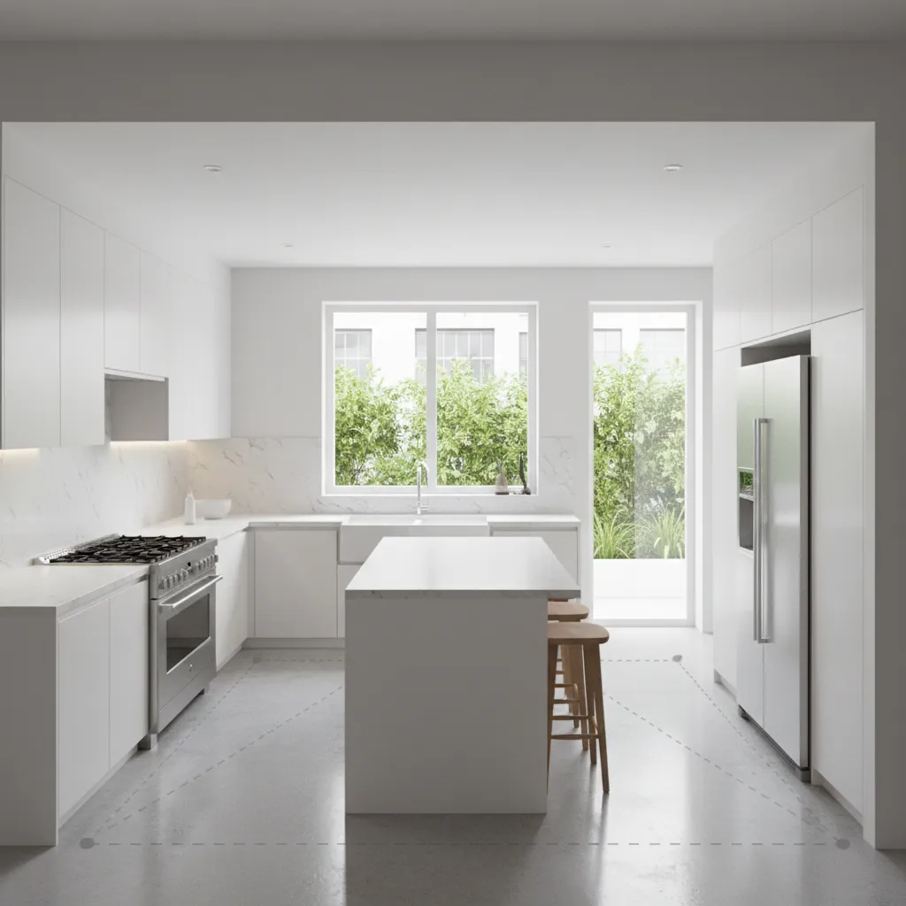 White modern kitchen room layout showing a work triangle between the stove, sink, and fridge