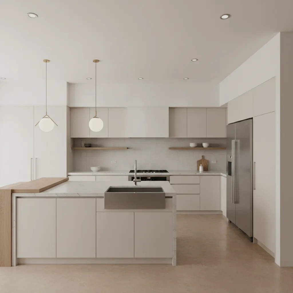 Minimalist kitchen layout with white cabinets large island with sink fridge and round ceiling lights