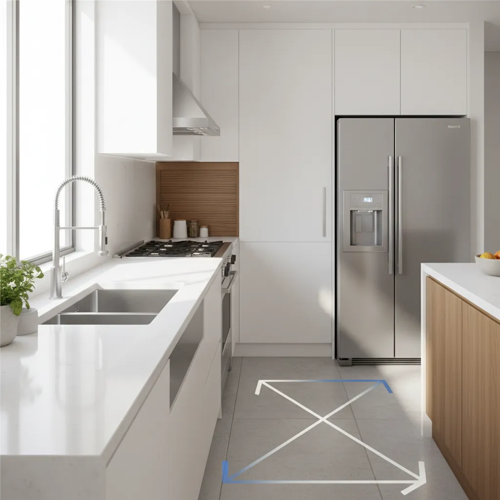 Kitchen work triangle between sink stove and refrigerator in a compact layout
