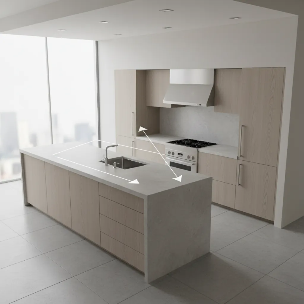 Kitchen work triangle layout showing sink stove and refrigerator spacing