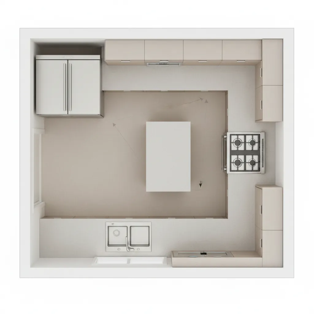 Kitchen work triangle layout showing sink stove and refrigerator spacing