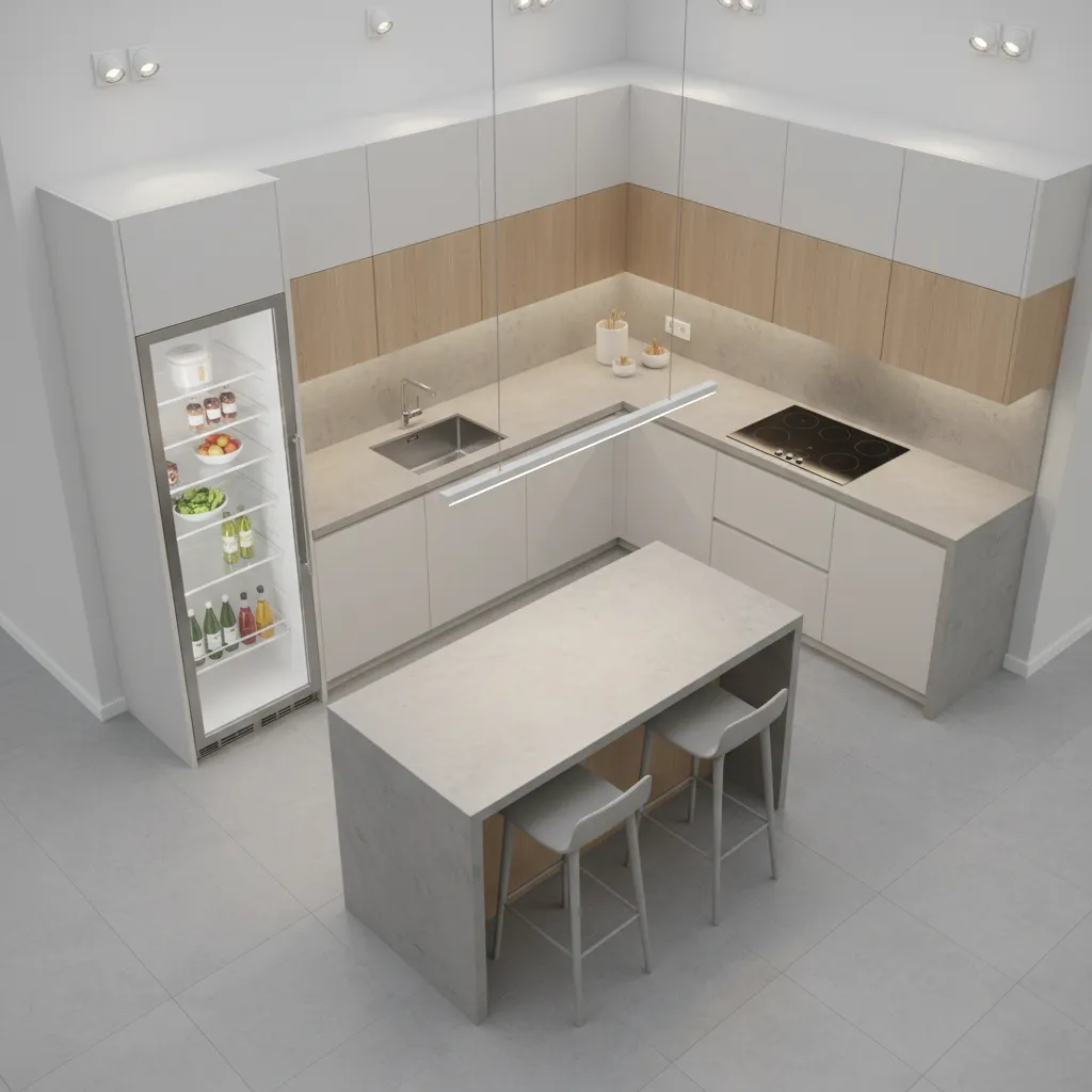 Kitchen work triangle layout showing fridge sink and stove placement