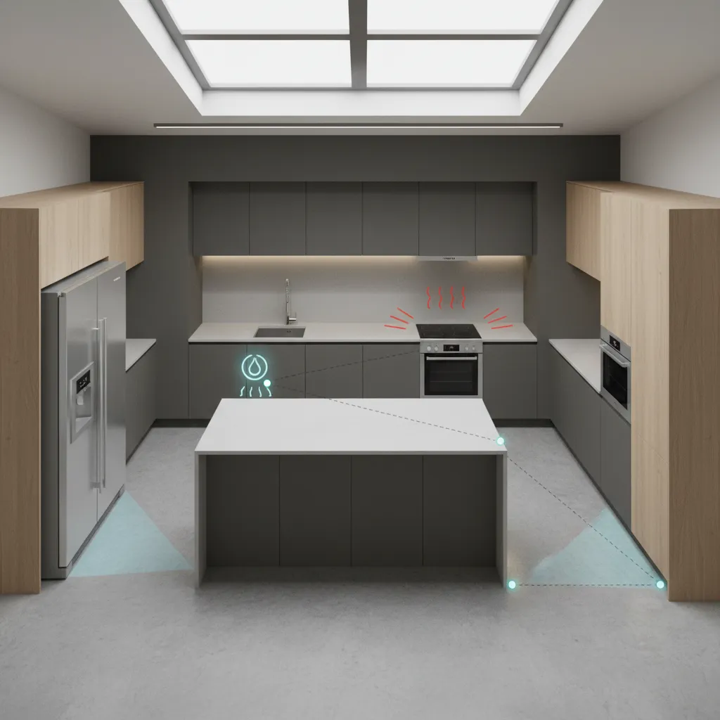 Kitchen work triangle layout showing fridge sink and stove positions