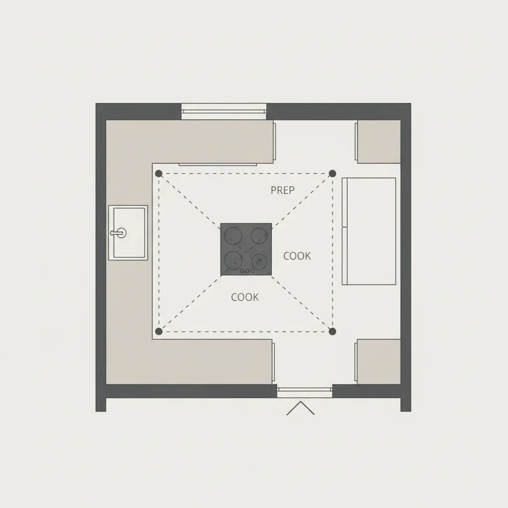 Kitchen work triangle layout showing sink stove and refrigerator positions