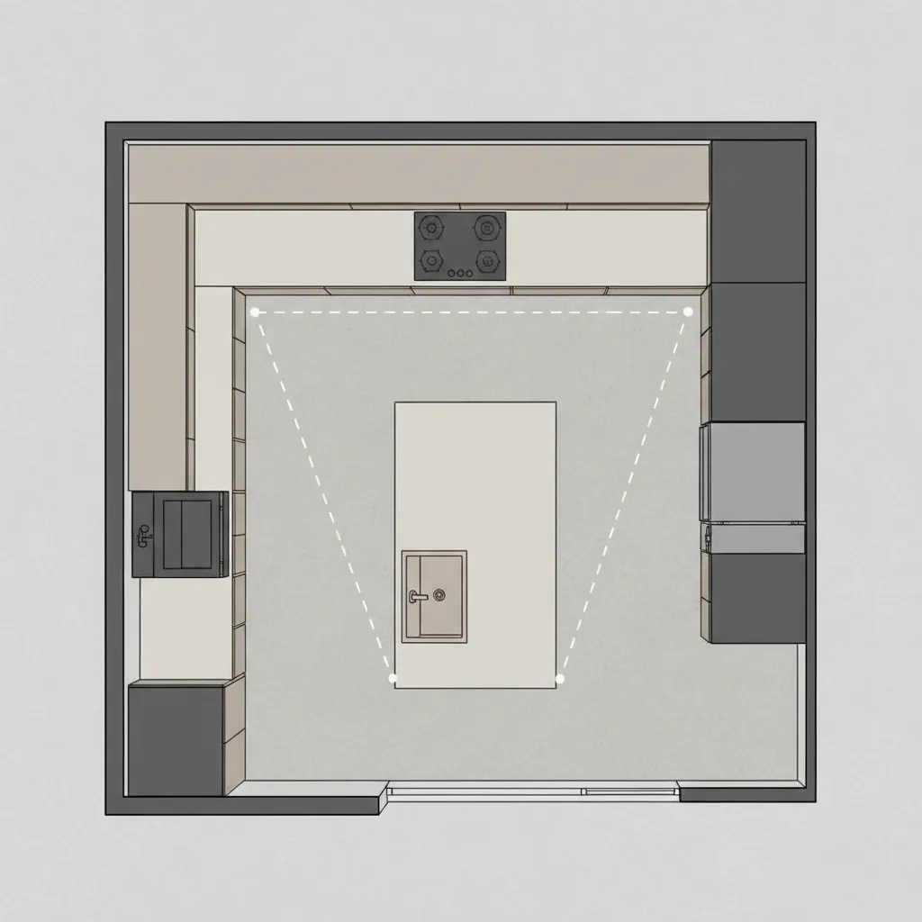 kitchen layout diagram showing work triangle between sink stove and refrigerator