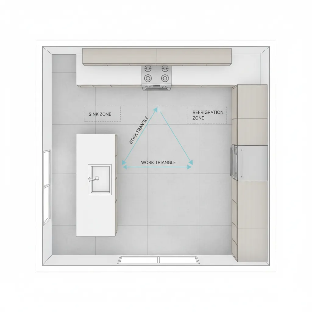kitchen work triangle layout showing sink stove refrigerator positions