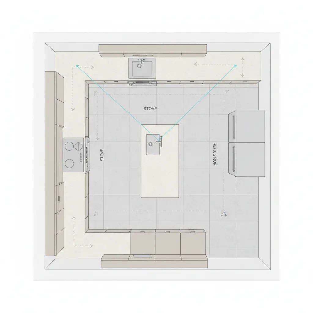 kitchen work triangle layout showing stove sink and refrigerator placement