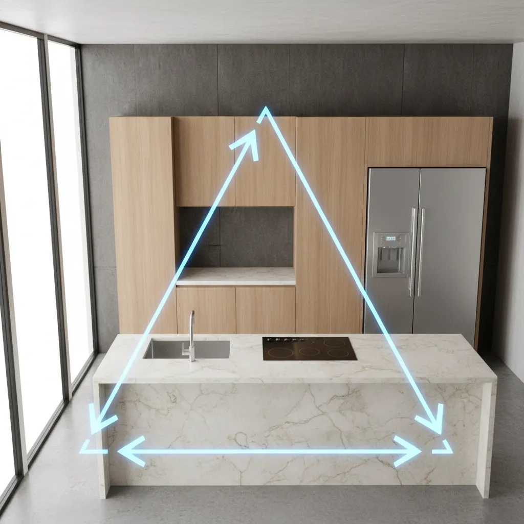 kitchen work triangle layout between sink stove and refrigerator in modern kitchen