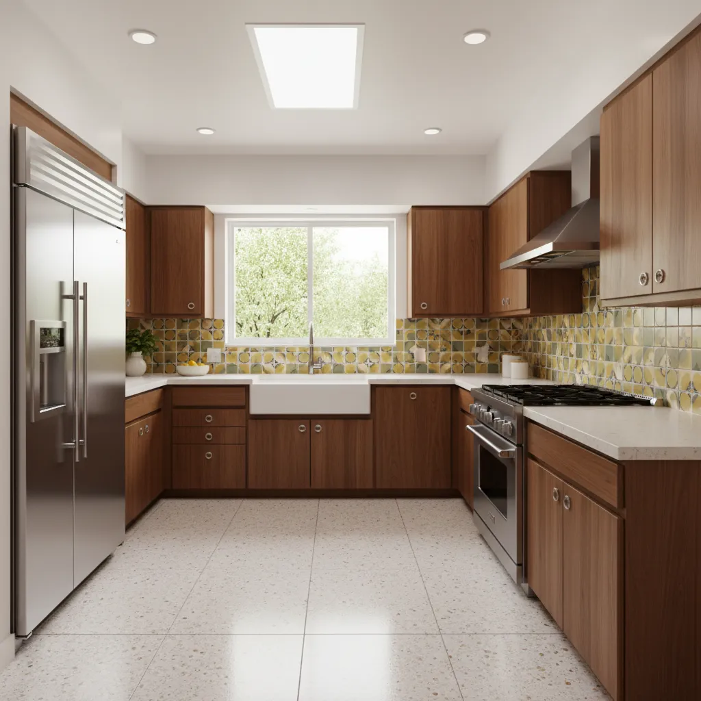 mid century kitchen showing refrigerator sink and stove forming a work triangle