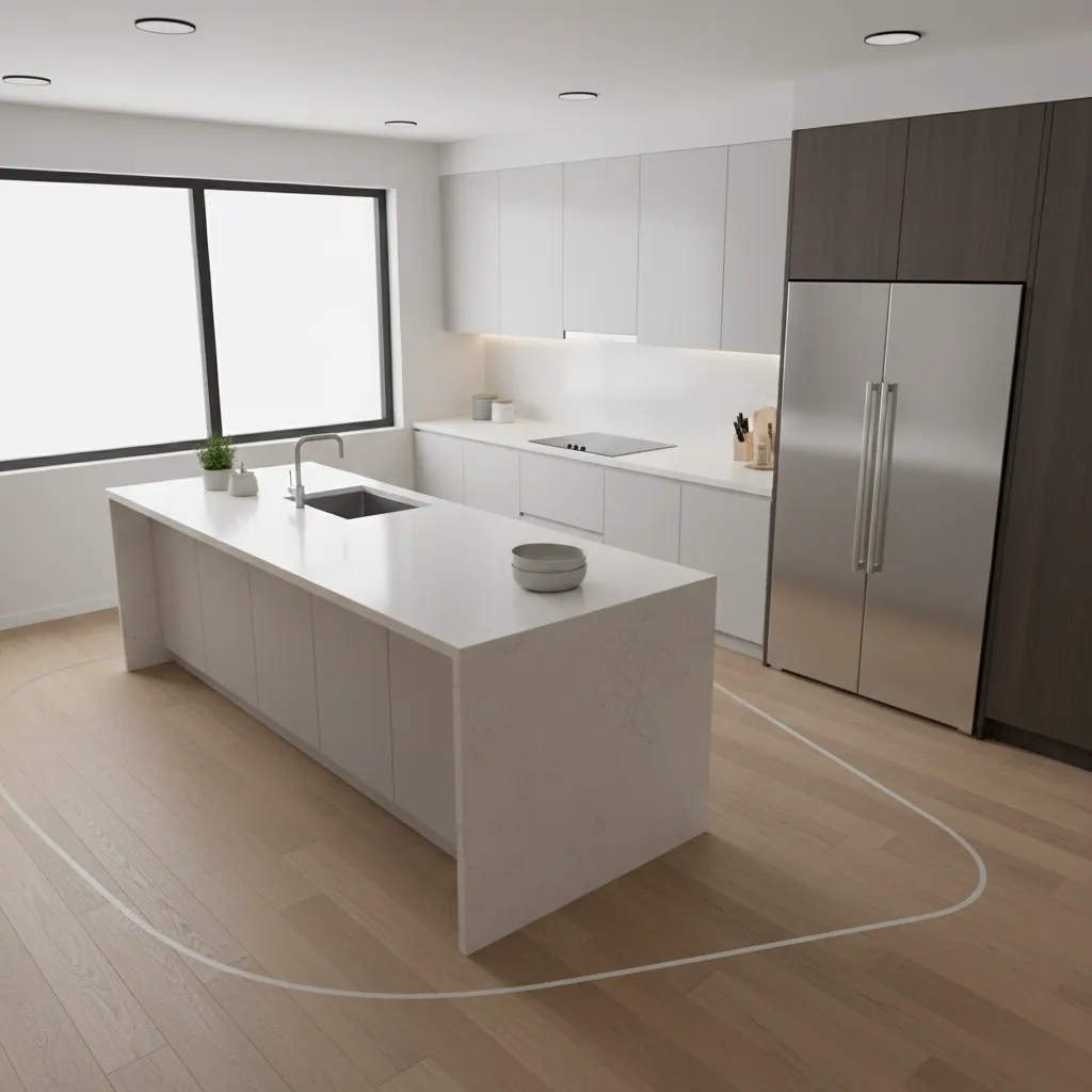 kitchen layout showing movement path between sink stove and refrigerator