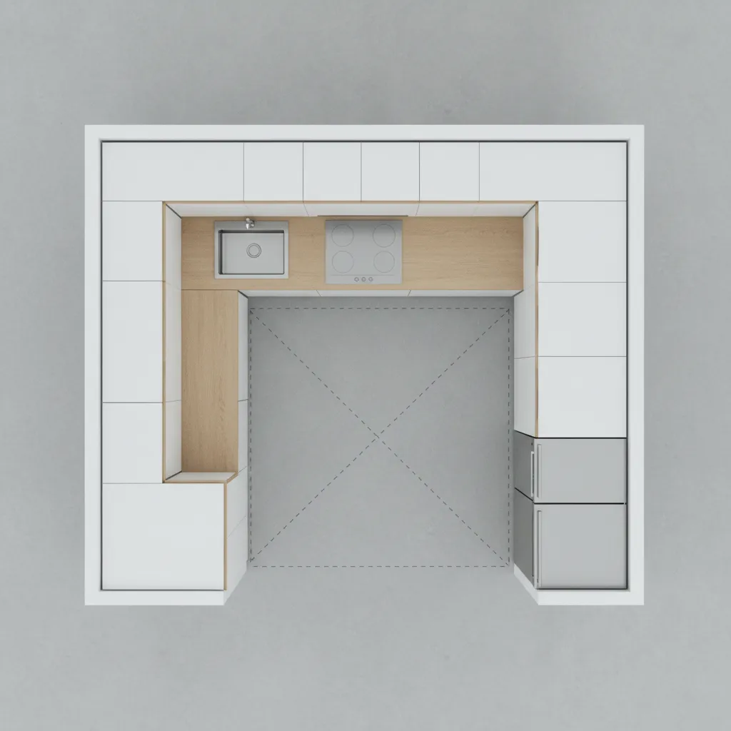 Interior design drawing of small kitchen layout with white cabinets wood counters and silver fridge