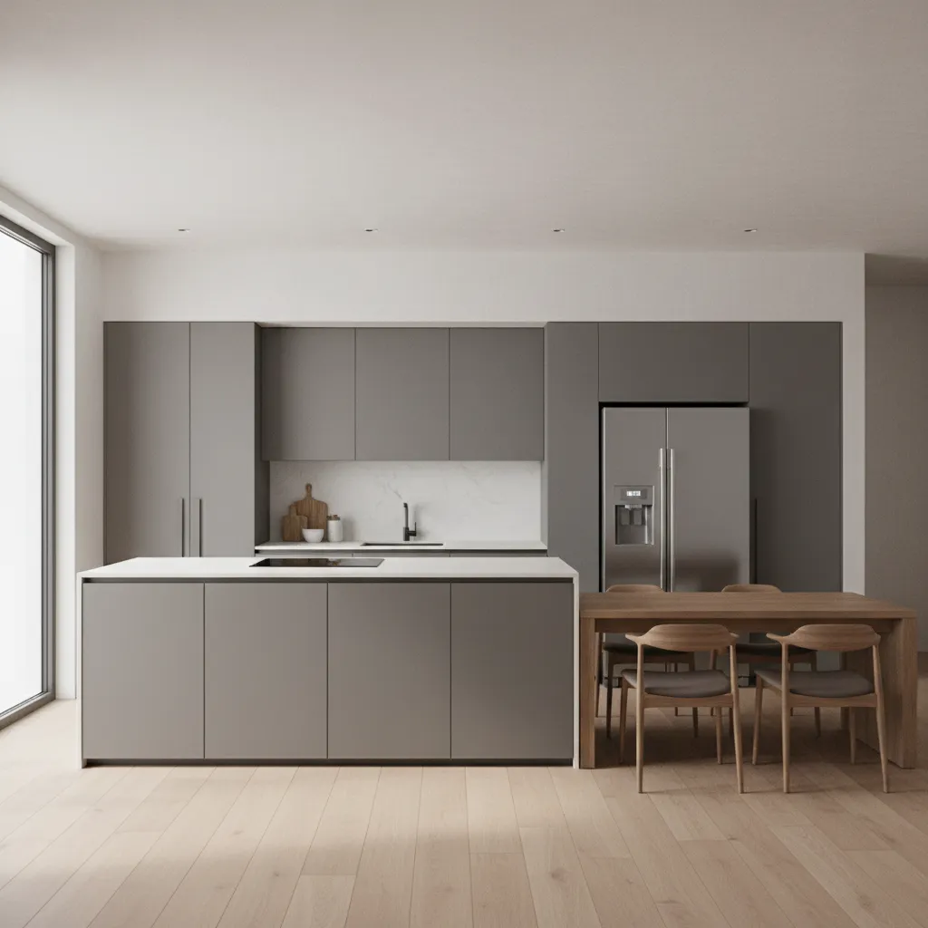 Kitchen work triangle layout with dining table positioned outside the main cooking path