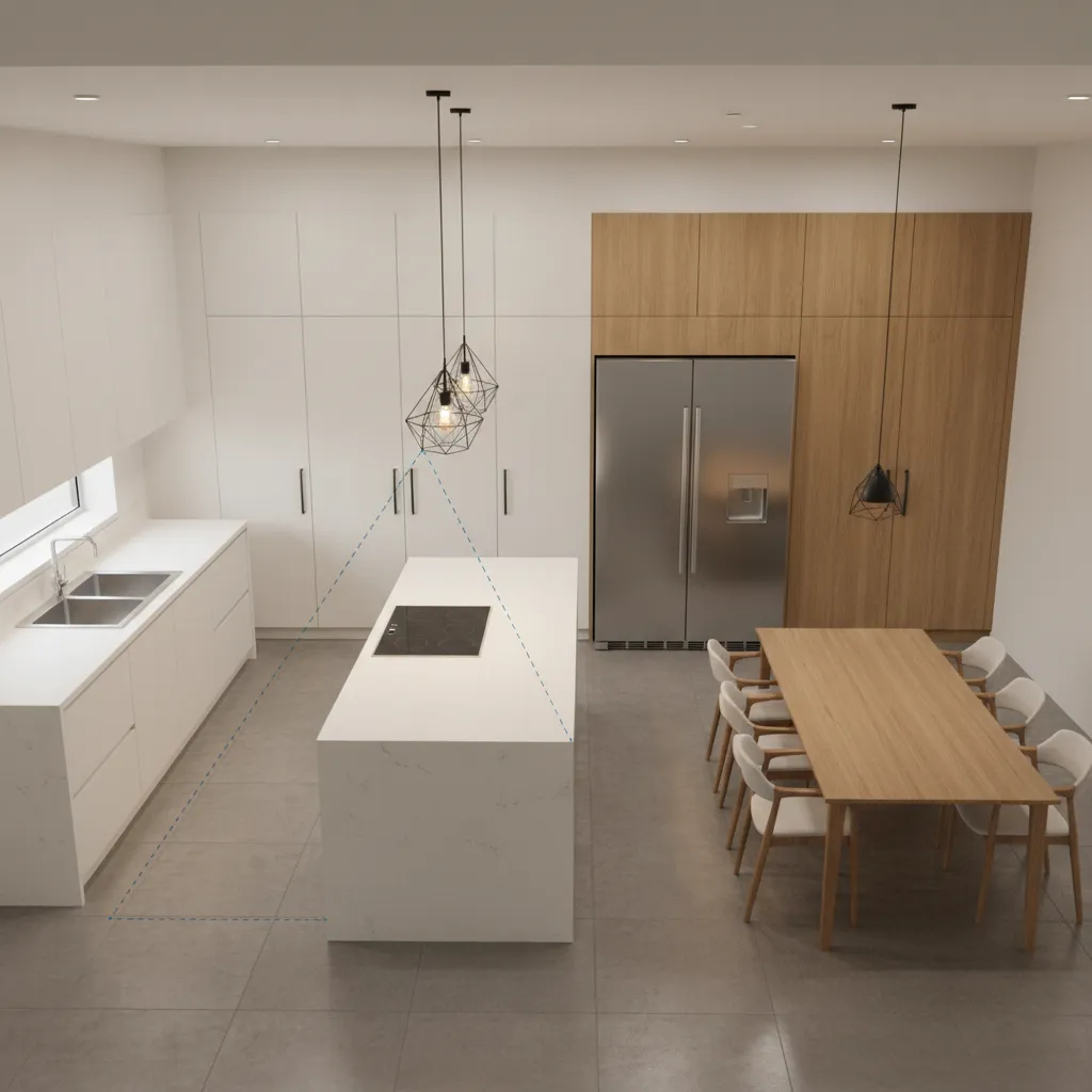 Kitchen work triangle layout with center table positioned outside main path