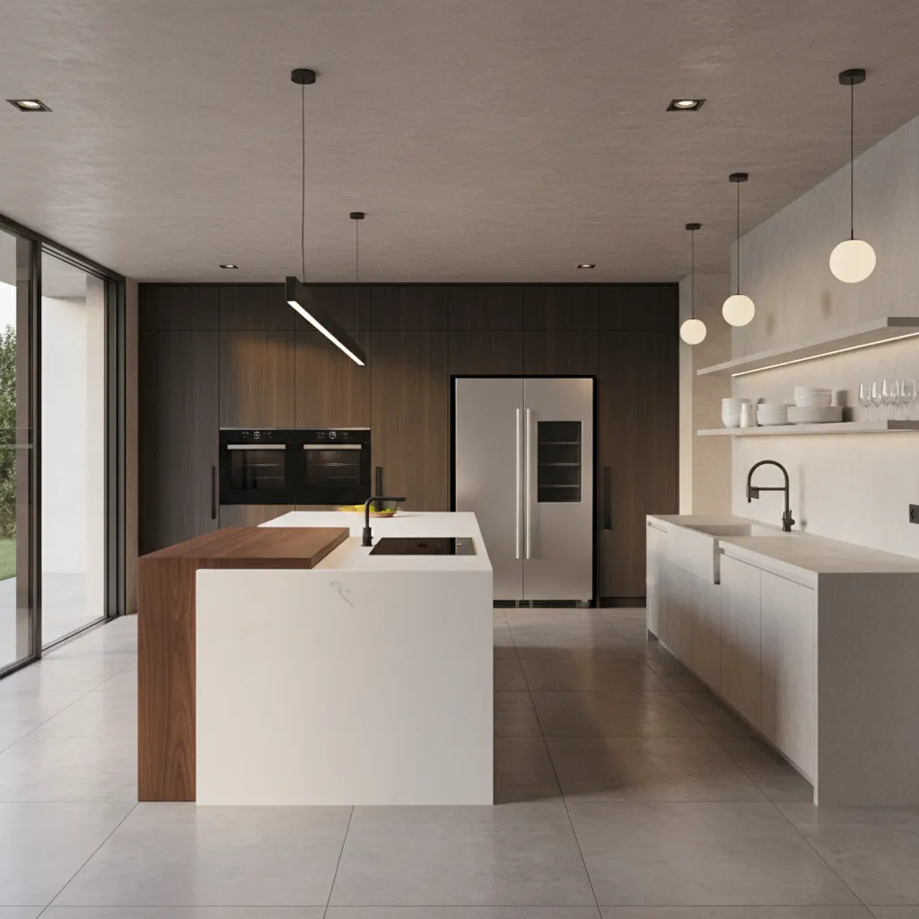 Modern kitchen layout organized into cooking prep and cleaning zones