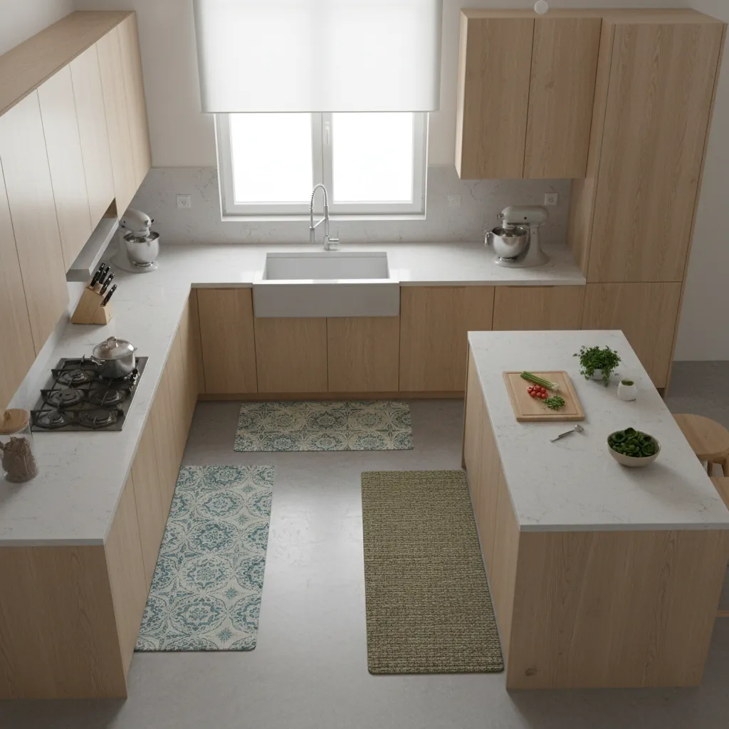 Kitchen layout showing sink and prep zones with anti fatigue mats