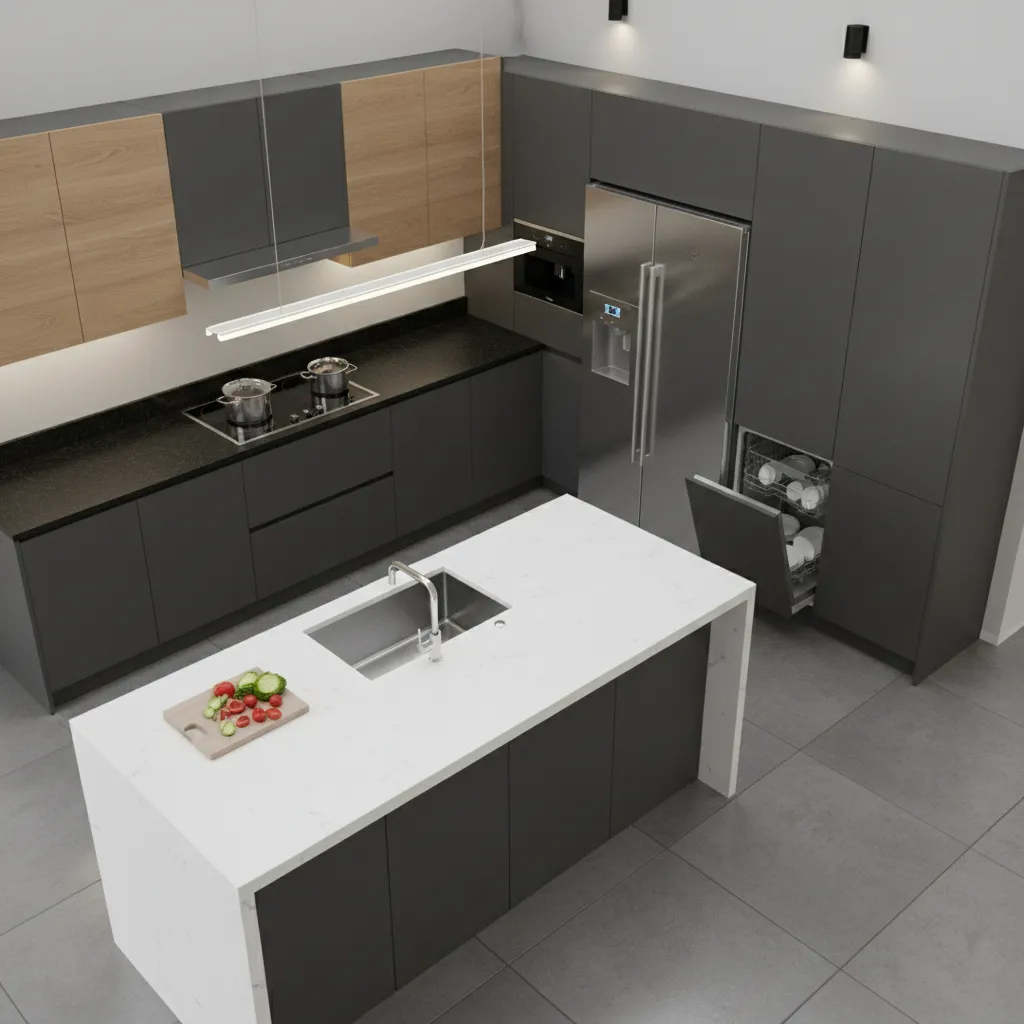kitchen workflow zones showing prep cooking cleaning and storage areas