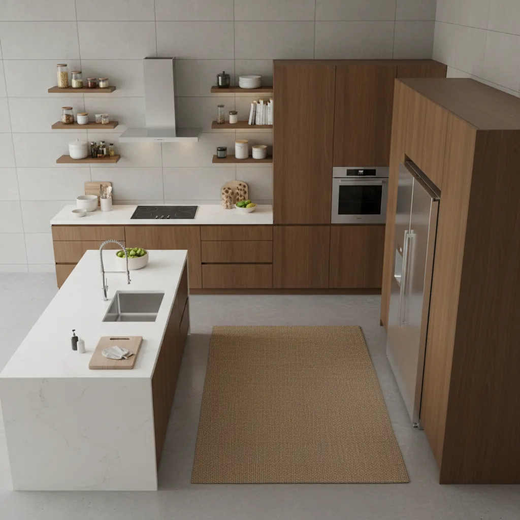 Kitchen layout showing cooking prep cleaning and storage zones