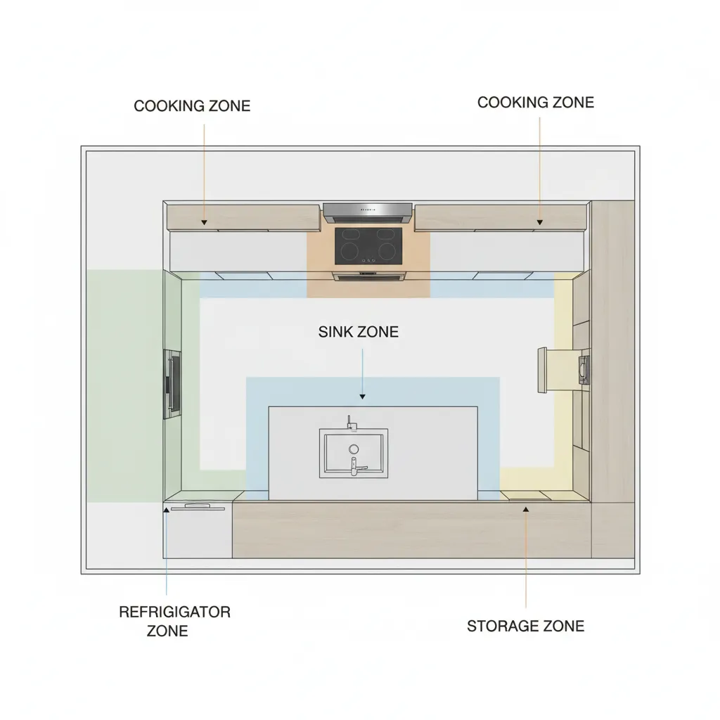 Kitchen layout diagram showing cooking cleaning and storage zones