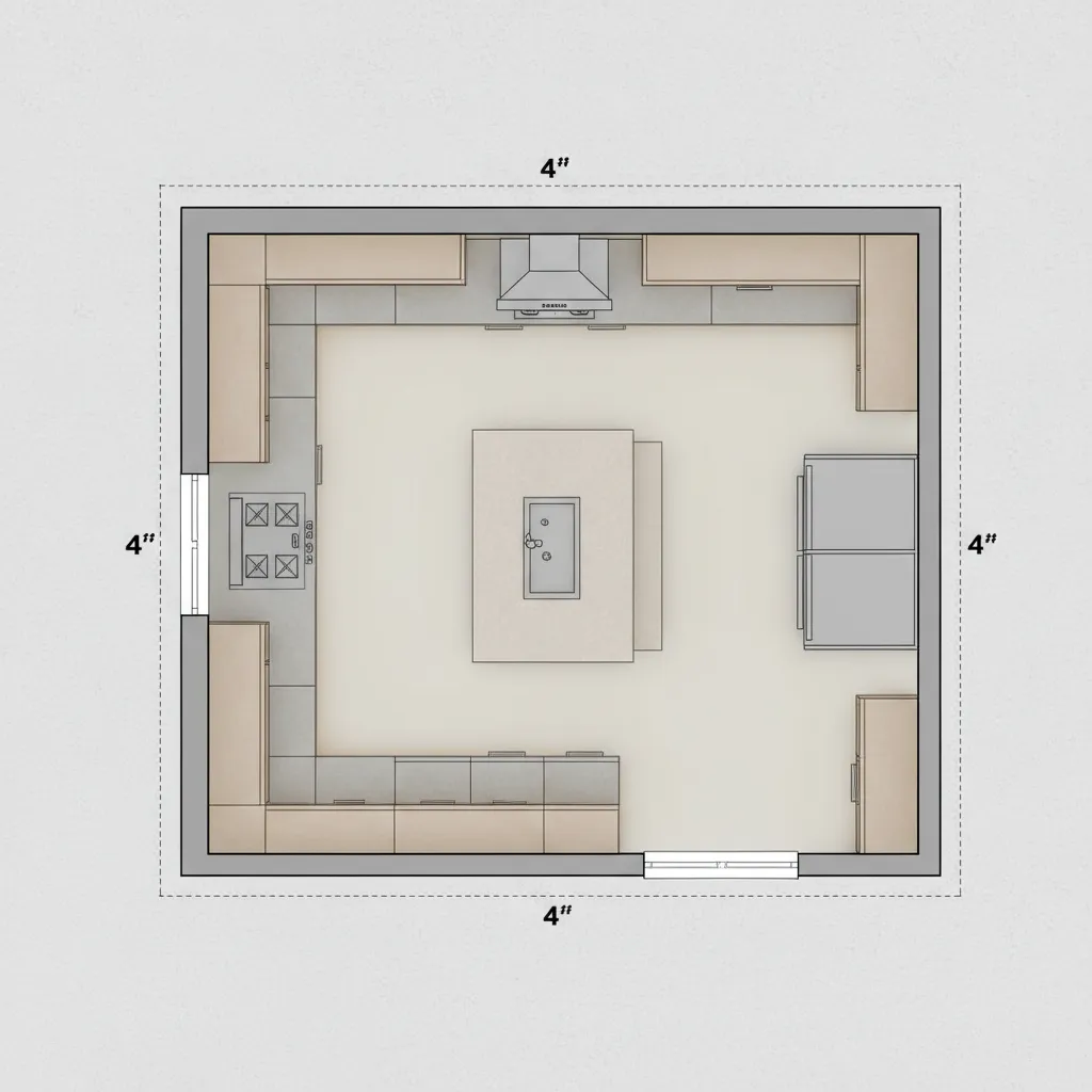 Kitchen layout diagram showing island spacing and walkway clearance