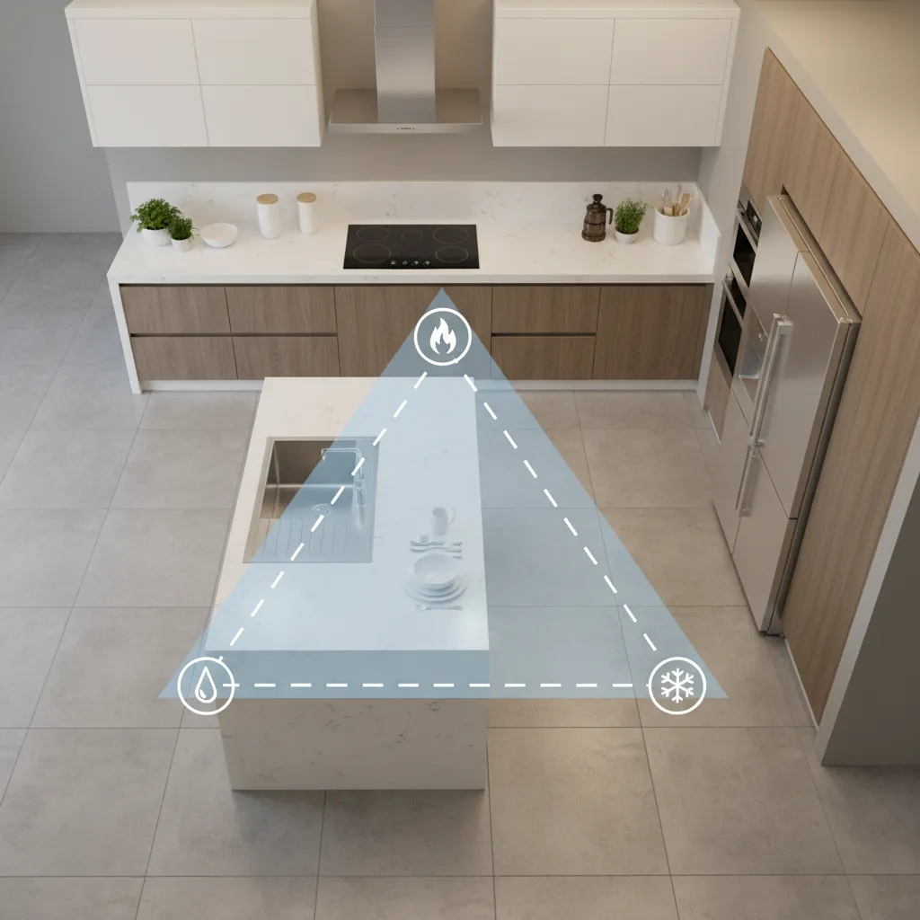Kitchen workflow triangle showing sink stove and refrigerator layout