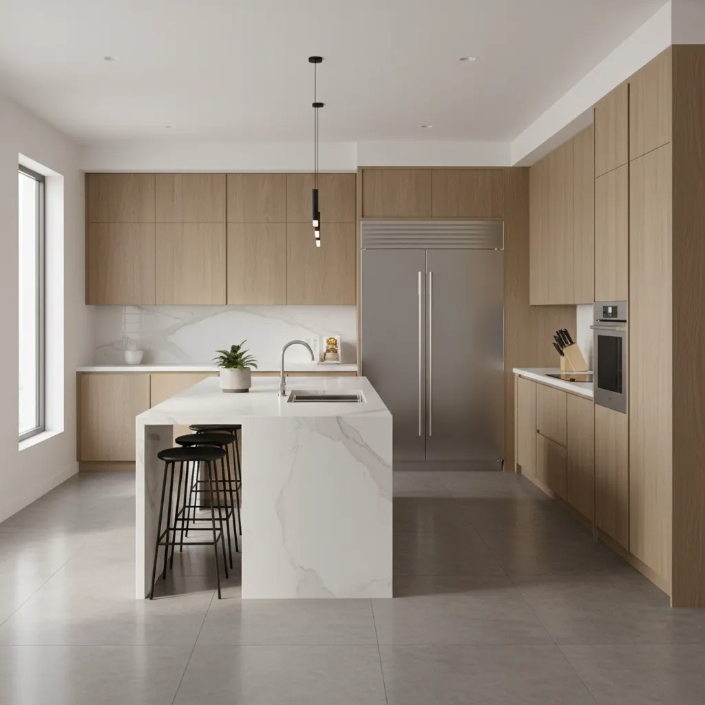 Modern kitchen with wood cabinets, marble island, black stools, stainless steel fridge, and grey floor
