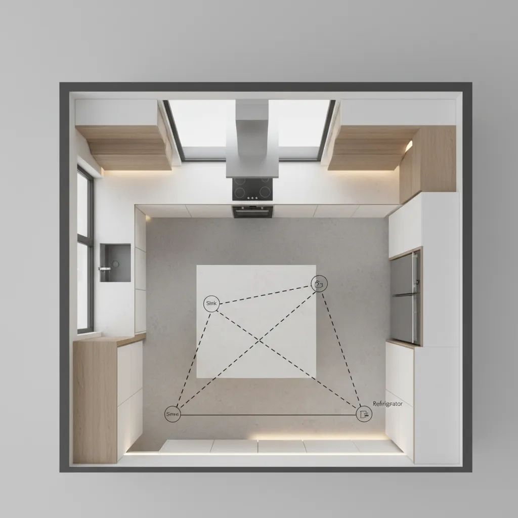 Kitchen workflow triangle layout visualization showing fridge stove sink