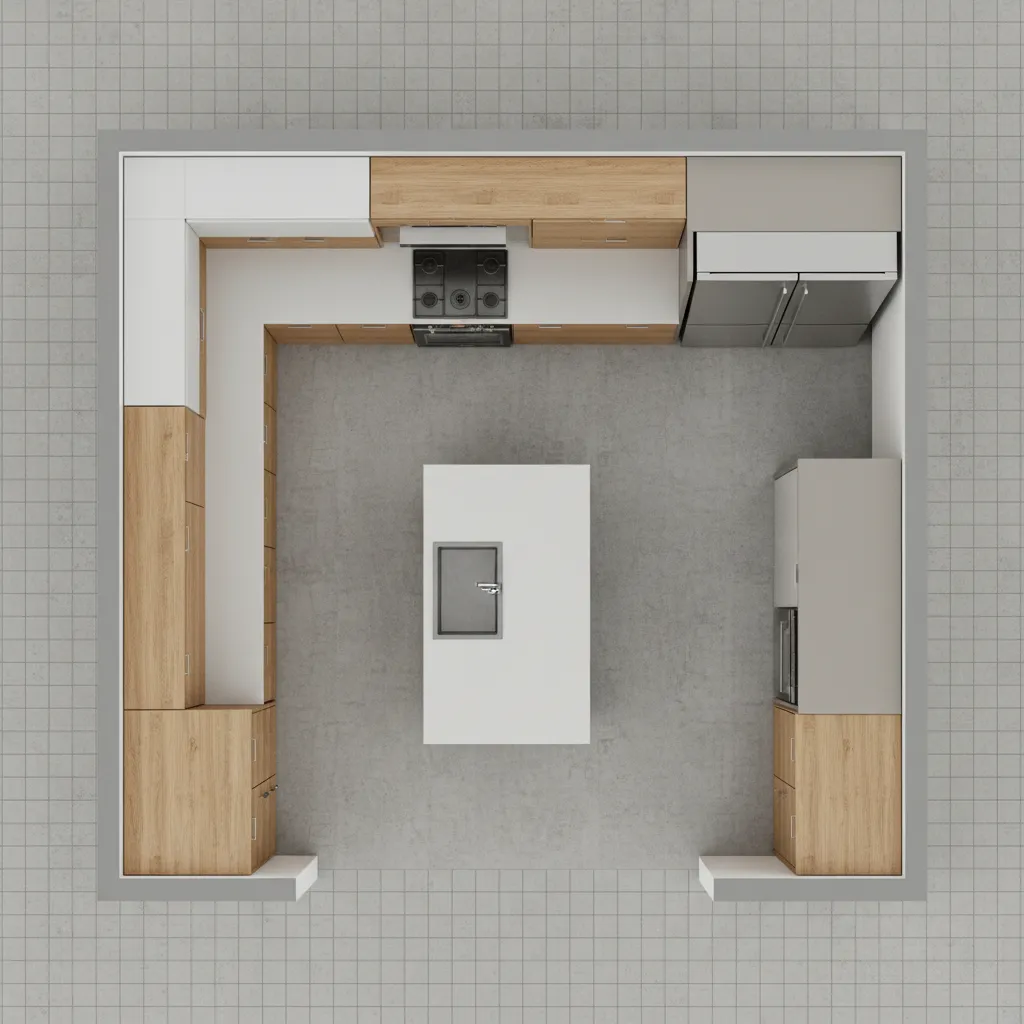 3D kitchen floor plan showing island sink stove and refrigerator layout