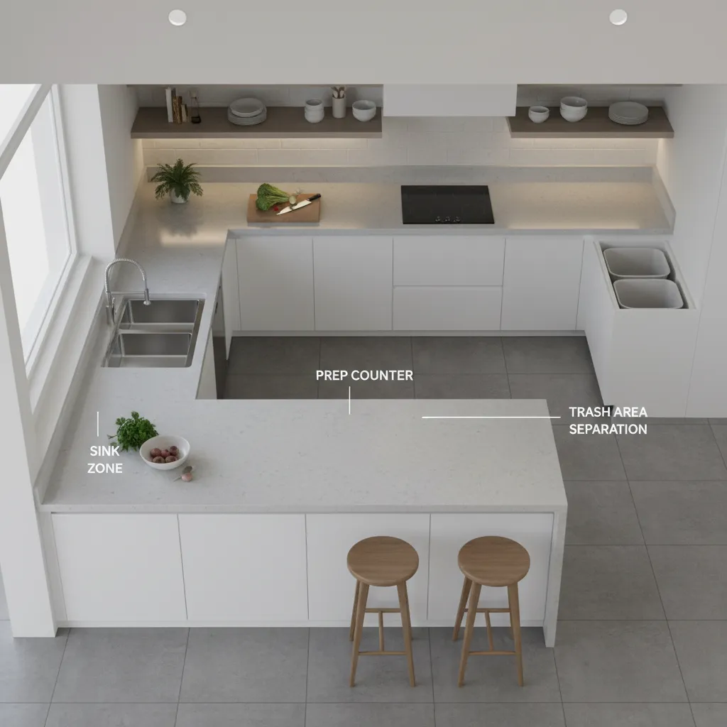 Kitchen layout diagram showing sink, prep area, and trash zones
