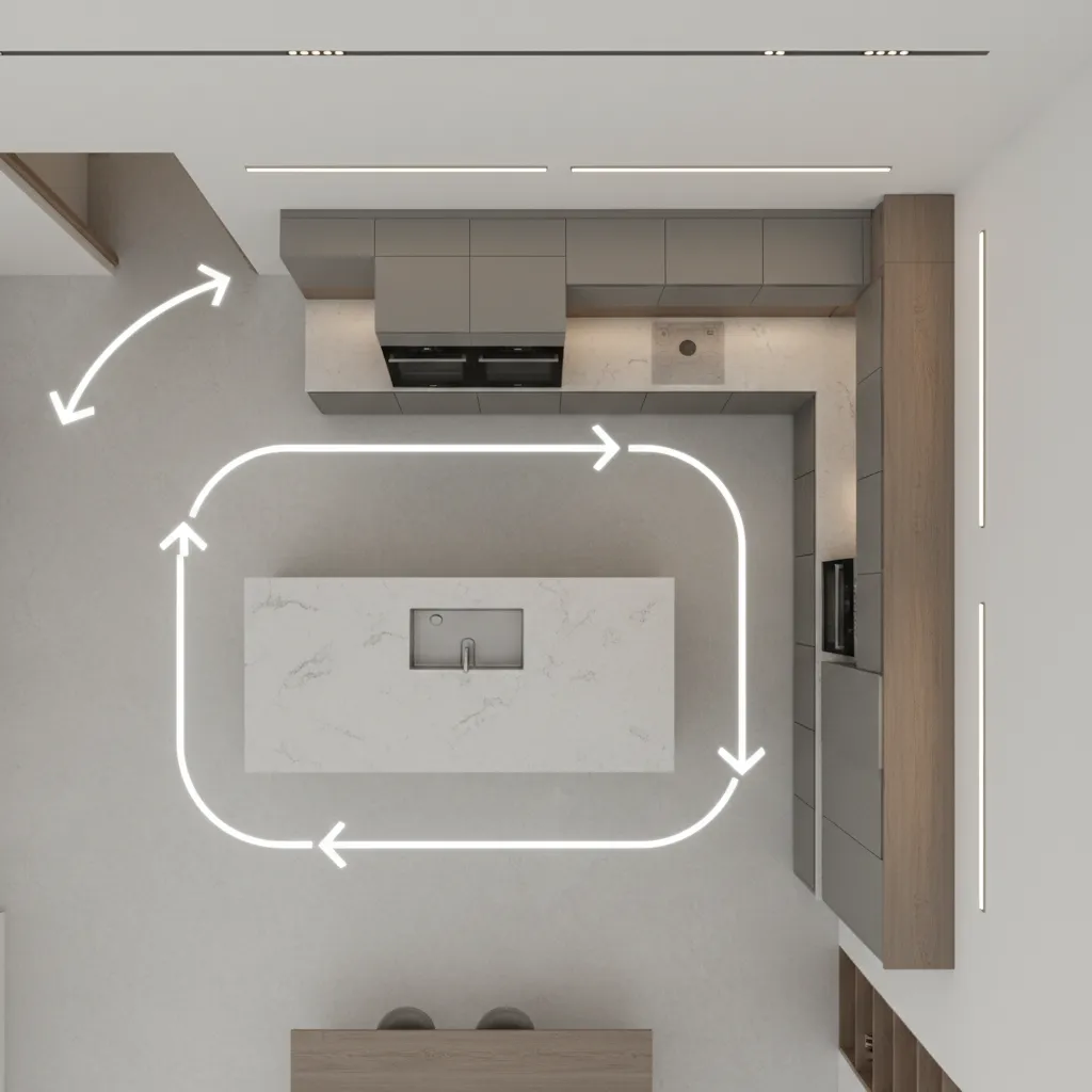Diagram style visualization showing traffic flow around peninsula and island kitchens