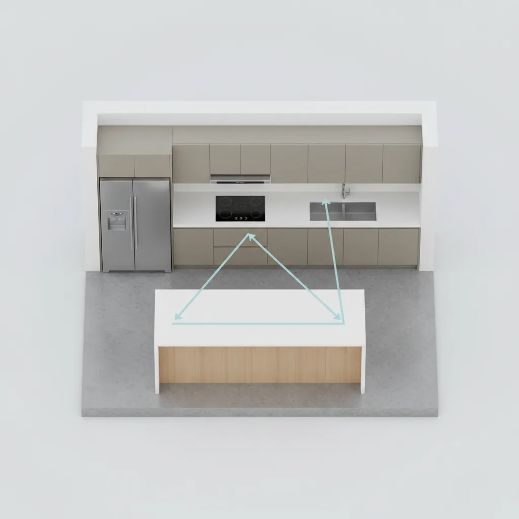 Kitchen workflow diagram showing work triangle between sink stove and refrigerator