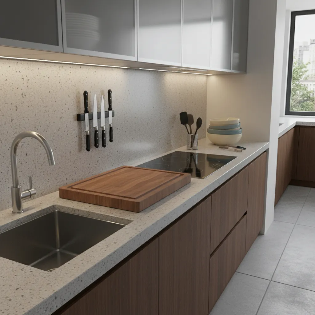 Kitchen countertop with tools organized by cooking zones