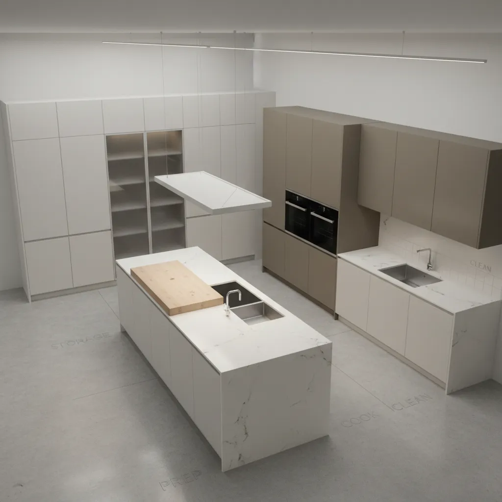 Kitchen workflow zones showing prep cooking cleaning areas