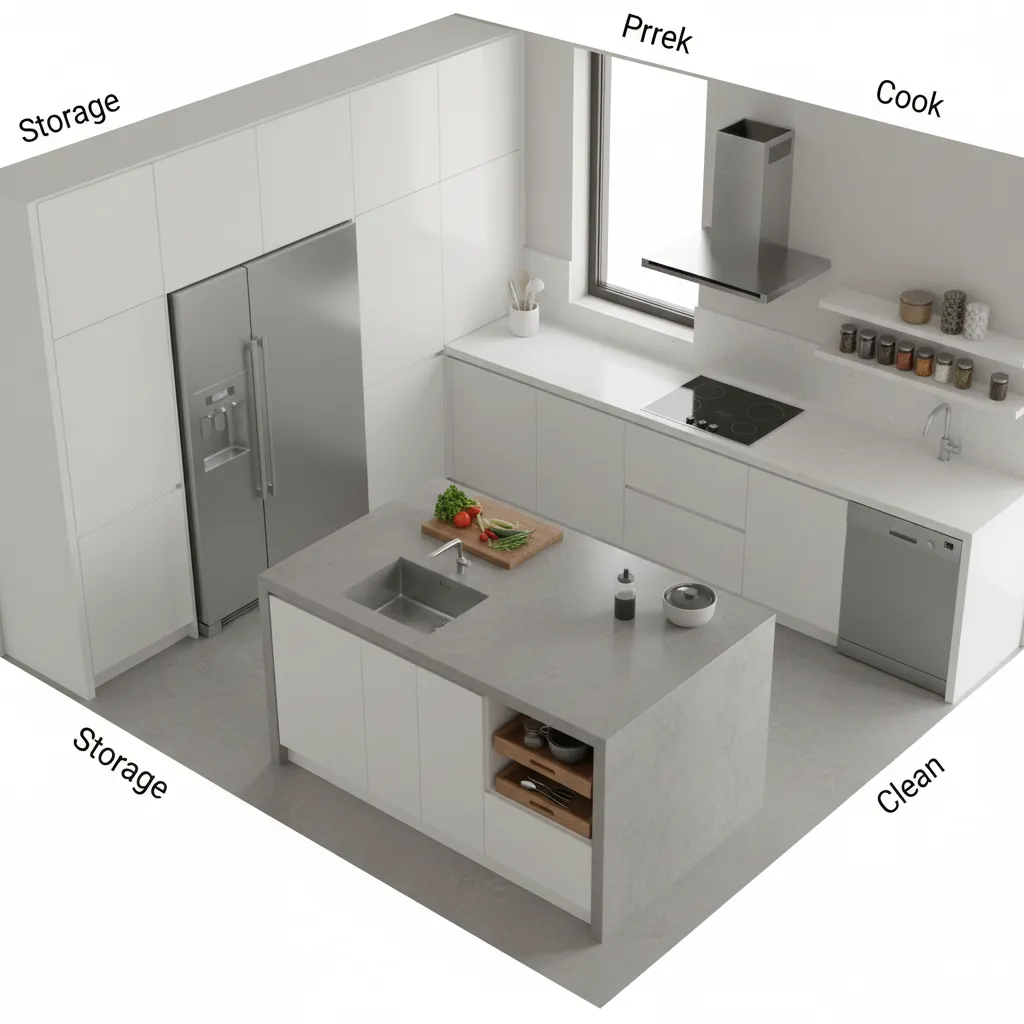 Kitchen layout showing storage prep cooking and cleaning workflow zones