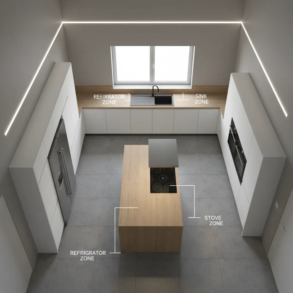 Kitchen layout diagram showing work zones and island spacing