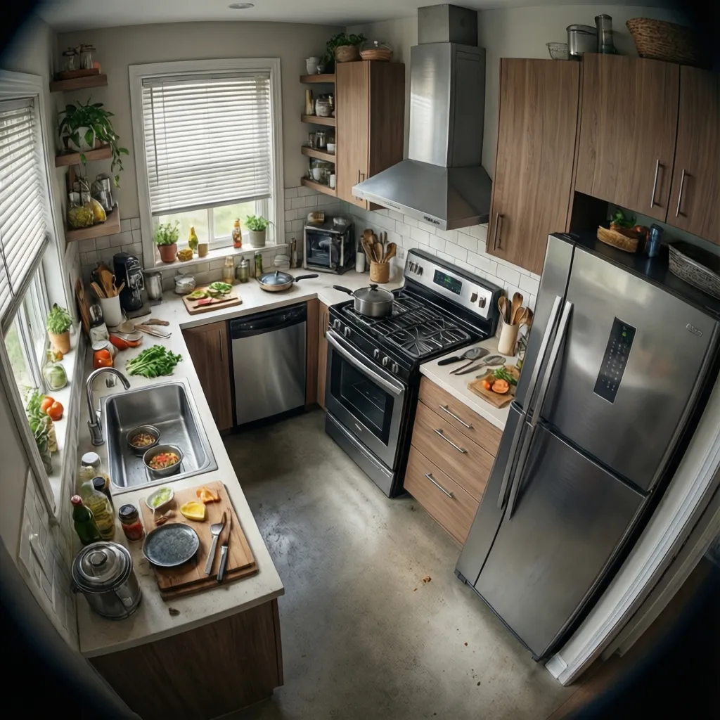 Kitchen layout demonstrating sink cooking and refrigerator workflow zones