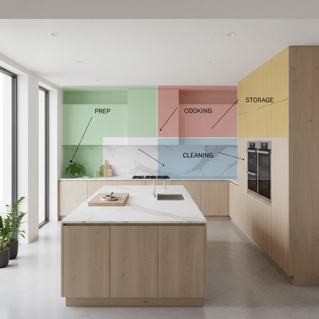 Kitchen workflow zones showing prep cooking cleaning and storage areas