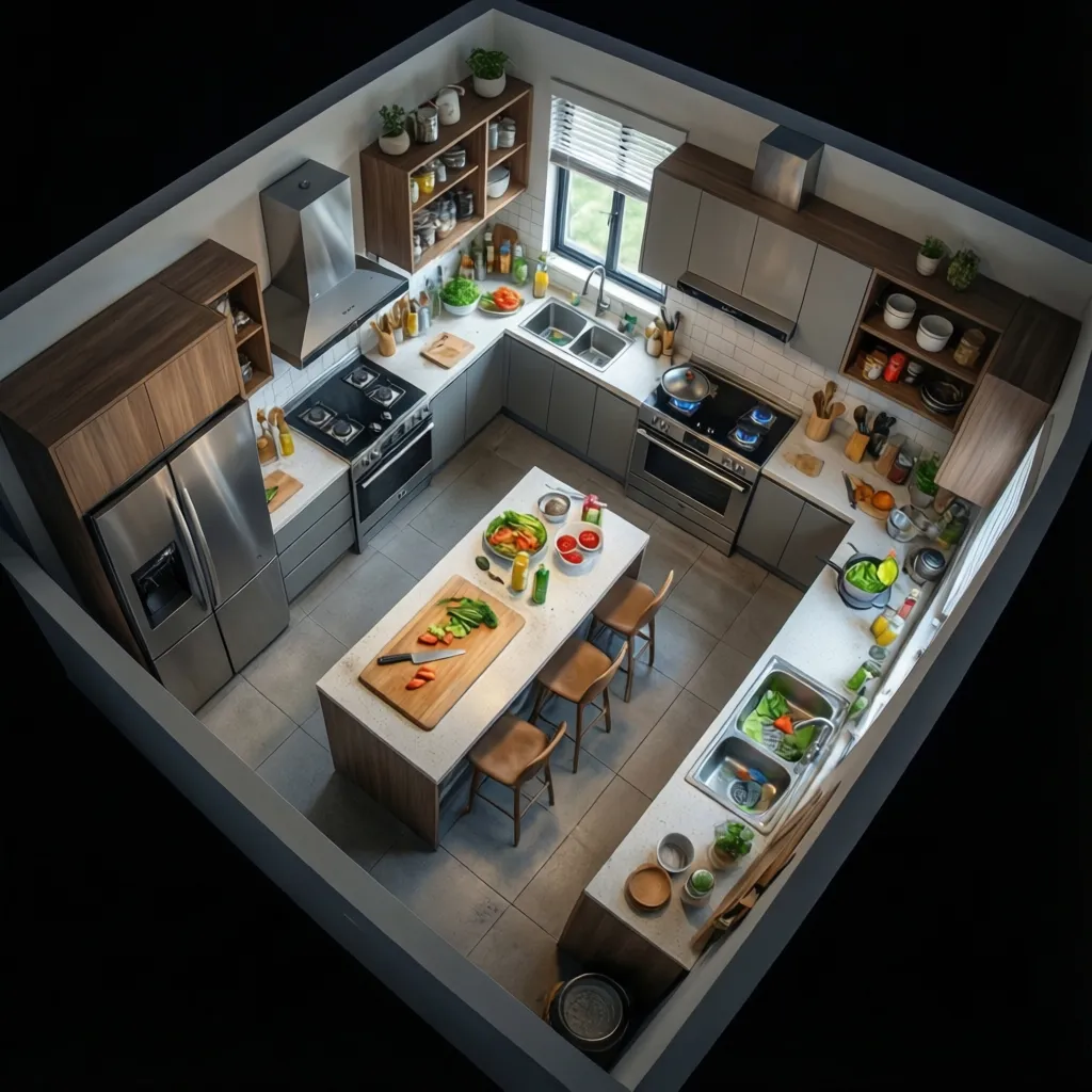 modern kitchen showing prep cooking cleaning and storage zones