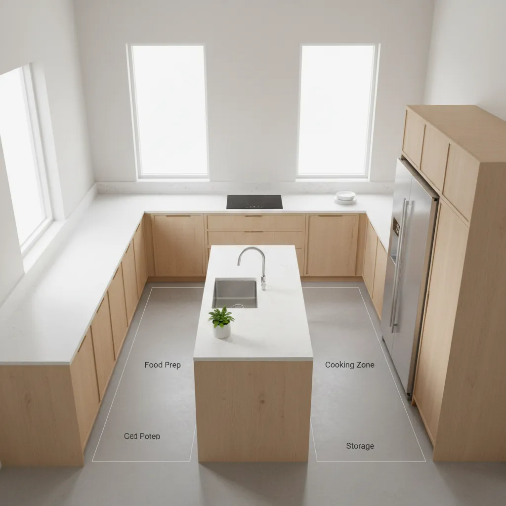 Kitchen room layout view showing work zones for food prep cooking storage and center island