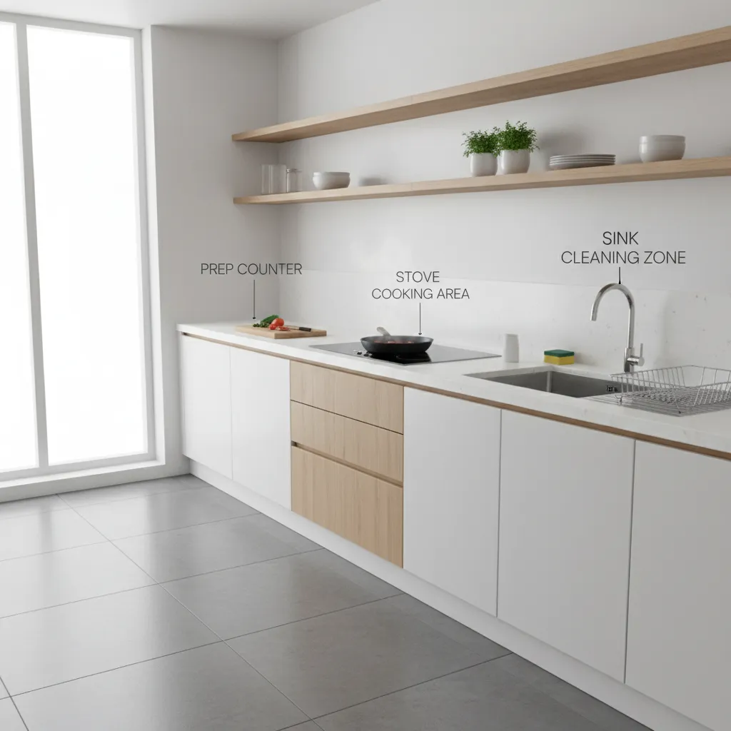 Kitchen showing clearly defined prep, cooking, and cleaning zones