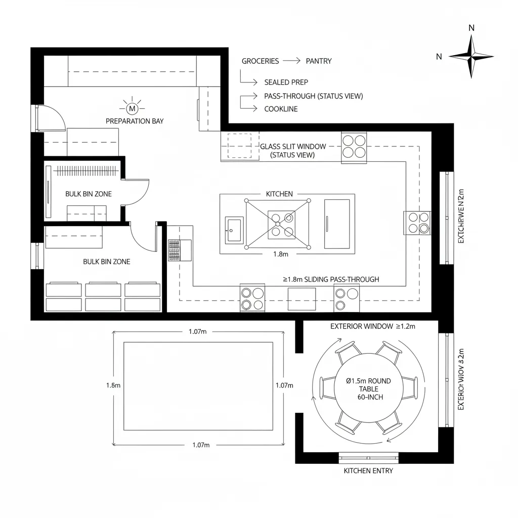 Detailed kitchen room layout drawing featuring a preparation bay bulk bin zone and round dining table