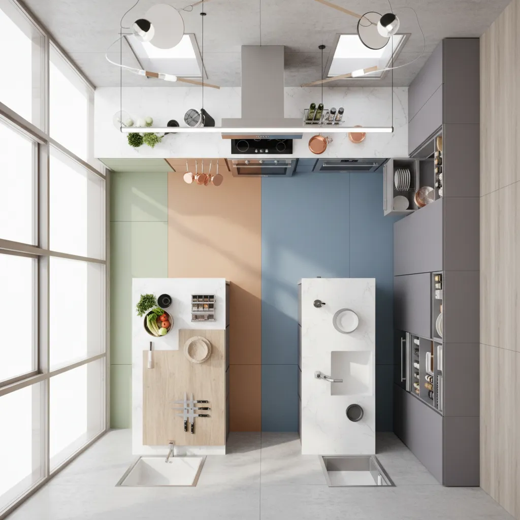 Top view of a room layout showing colorful floor panels kitchen islands and large windows