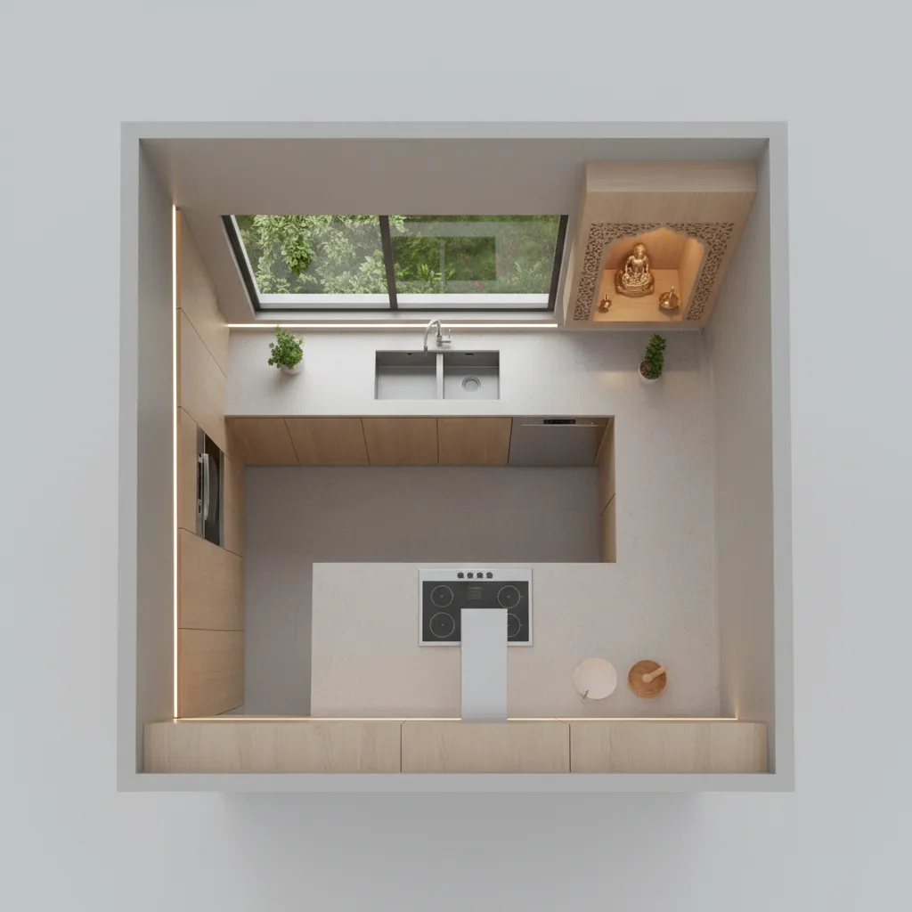 Kitchen layout diagram showing cooking zone cleaning zone and pooja zone