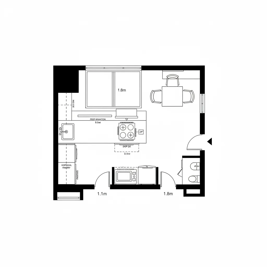 Top-down CAD plan of compact L-shaped kitchenette with long-stay storage and dining