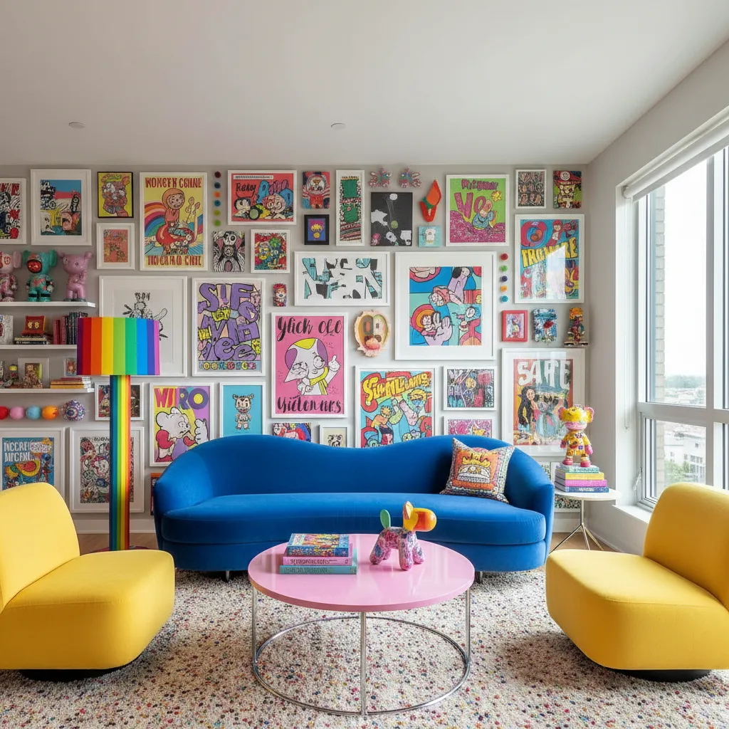 Pared decorativa estilo kitsch con arte colorido