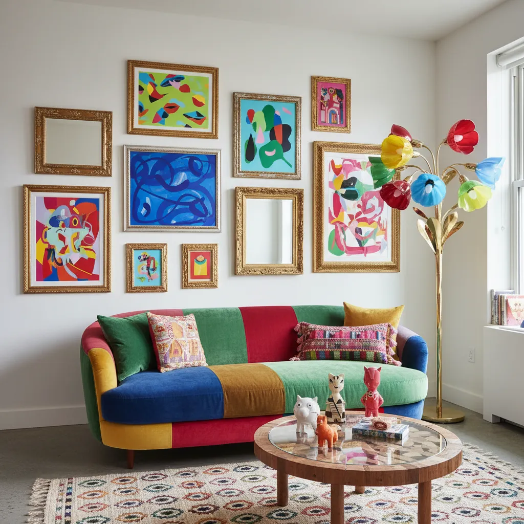 Apartamento pequeño decorado con elementos kitsch y muebles llamativos.