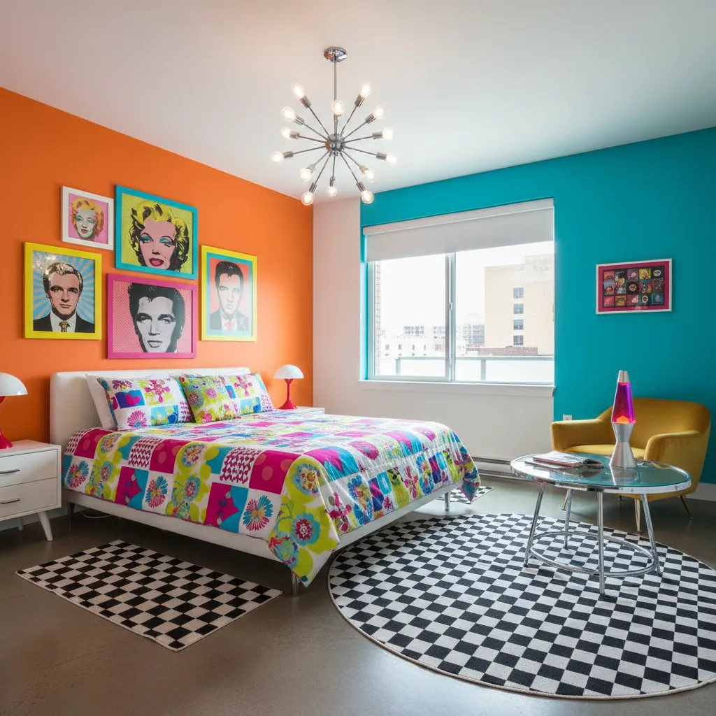 Dormitorio con diseño kitsch lleno de patrones y colores vivos
