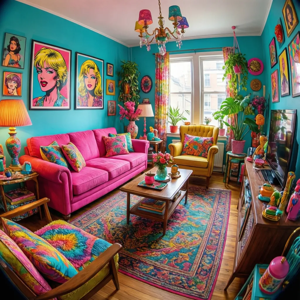 Sala de estar con mezcla de colores intensos y muebles retro kitsch
